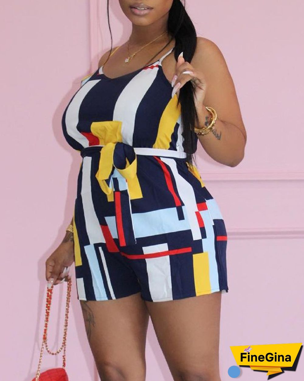 Colorblock Geometric Print Tie Front Romper