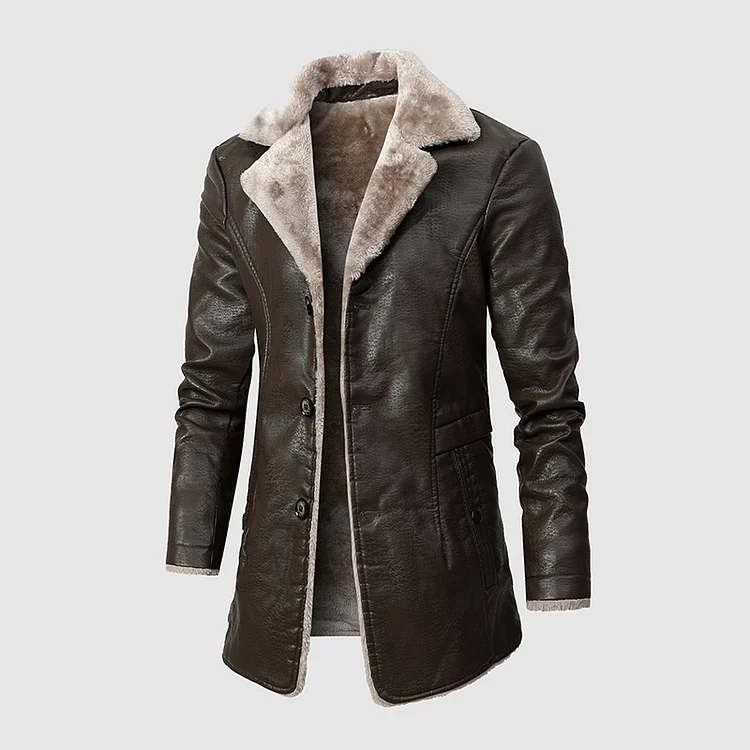 Business Notch Lapel Button PU Leather Thermal Fuzzy Lined Overcoat