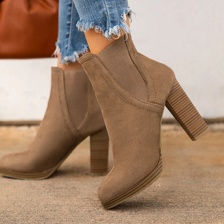 Brown Vegan Suede Ankle Boots Vintage Round Toe Chunky Heel Booties |FSJ Shoes