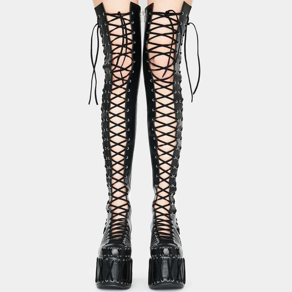 Black Lace Up Hallow Boots With Platform Chunky Heels Nicepairs