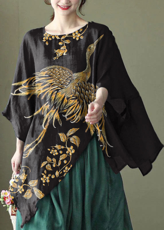 VCSHOES Black phoenix Asymmetrical Design Embroidered Summer Ramie Shirt Tops