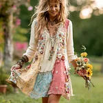 Women's Retro Bohemian Floral Casual V-neck Long Sleeve Dress - Image 2