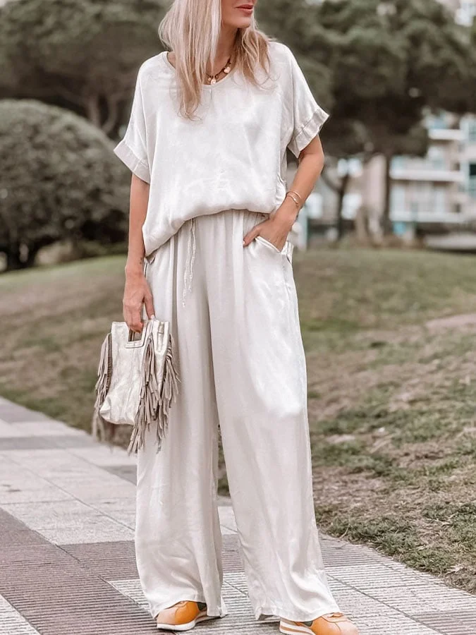Women's Casual Solid Color V-Neck Short Sleeve Long Pants Two-Piece Set