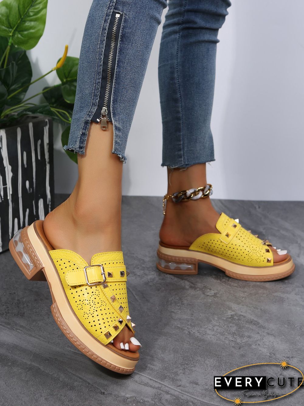 Urban Studded Snake Print Chunky Heel Slippers