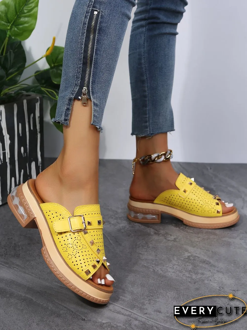 Urban Studded Snake Print Chunky Heel Slippers