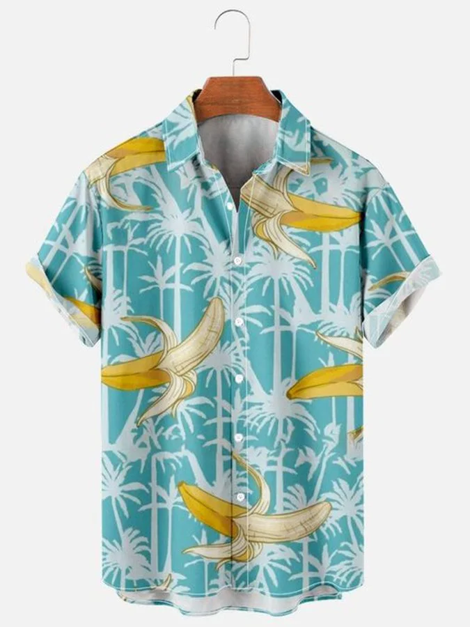 Mens Hawaiian Shirt Casual Button Up Short Sleeve Blue Cotton-Blend Holiday Banana Shirts & Tops