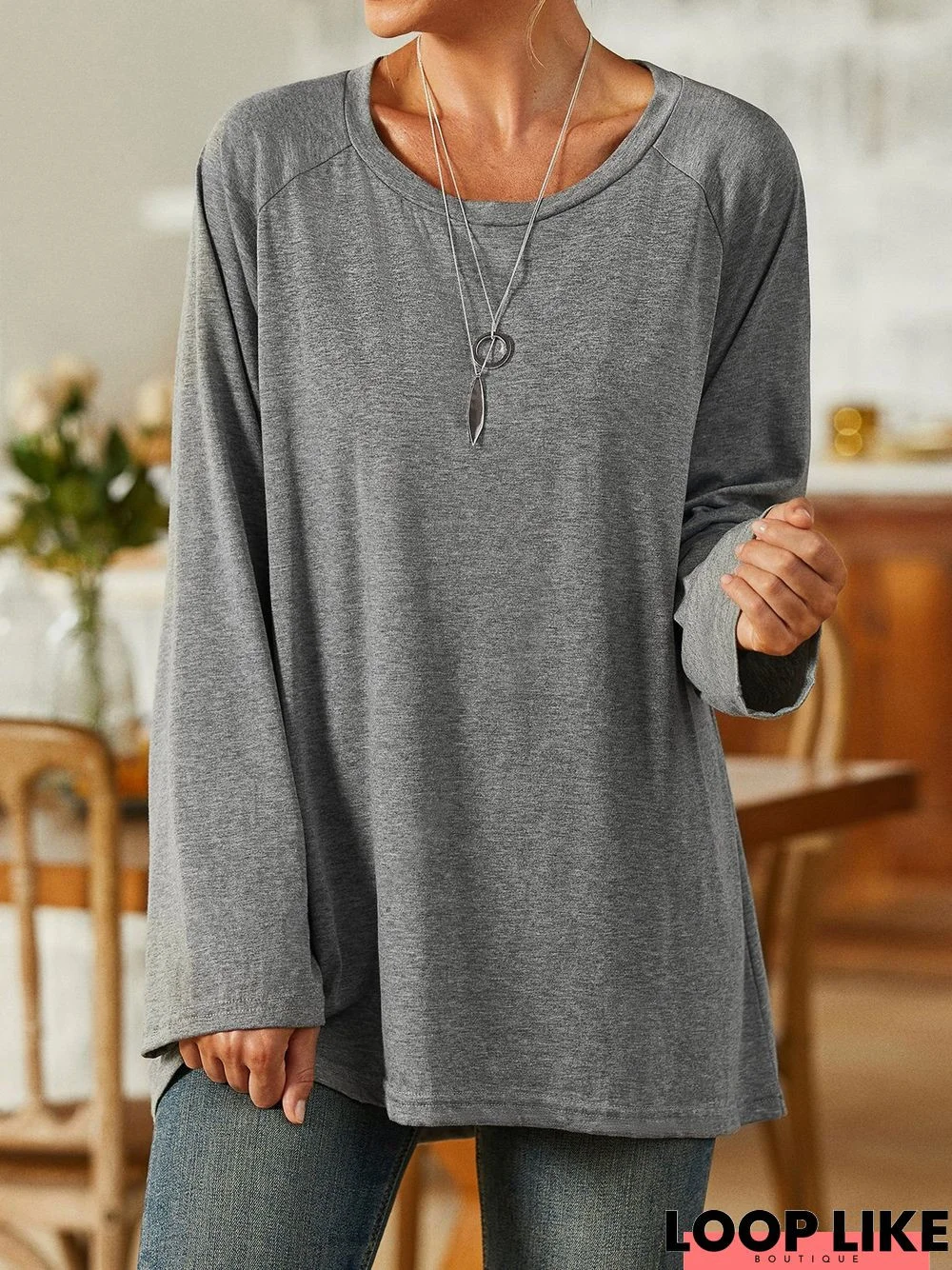 Gray Casual Crew Neck Long Sleeve Solid Soft T-shirt