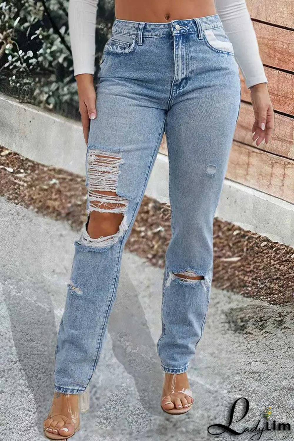 Ripped Low Waist Slant Pocket Straight Leg Jeans