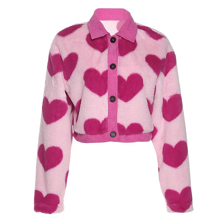 Cute Pink Lapel Patchwork Fluffy Contrast Color Heart Printed Crop Jacket 
