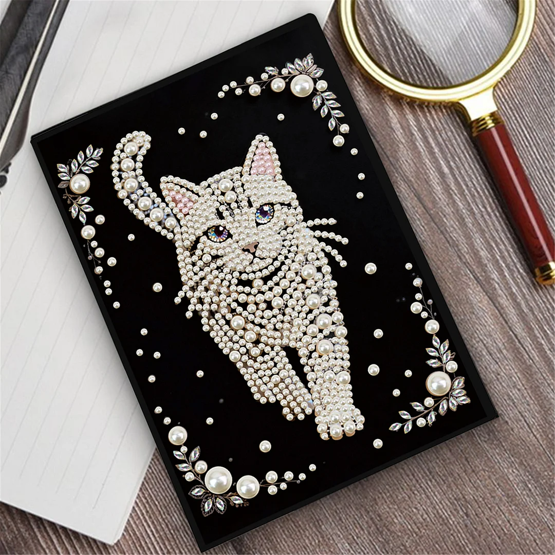 Cat Partial Pearl DIY 50 Pages A5 Diamond Painting Notebook Special Shaped Diamond Art Diary Book Kits Wireless Strip 5D Crystal Art Paintings Sketchbook for Art Drawing