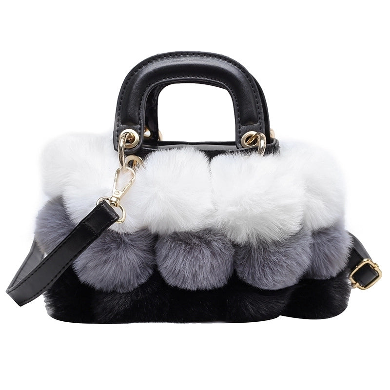 Fur Dinner Bag Fashion Stitching Contrast Color Fur Ball Handbag  Winter New Small Square Bag Shoulder Messenger Bag