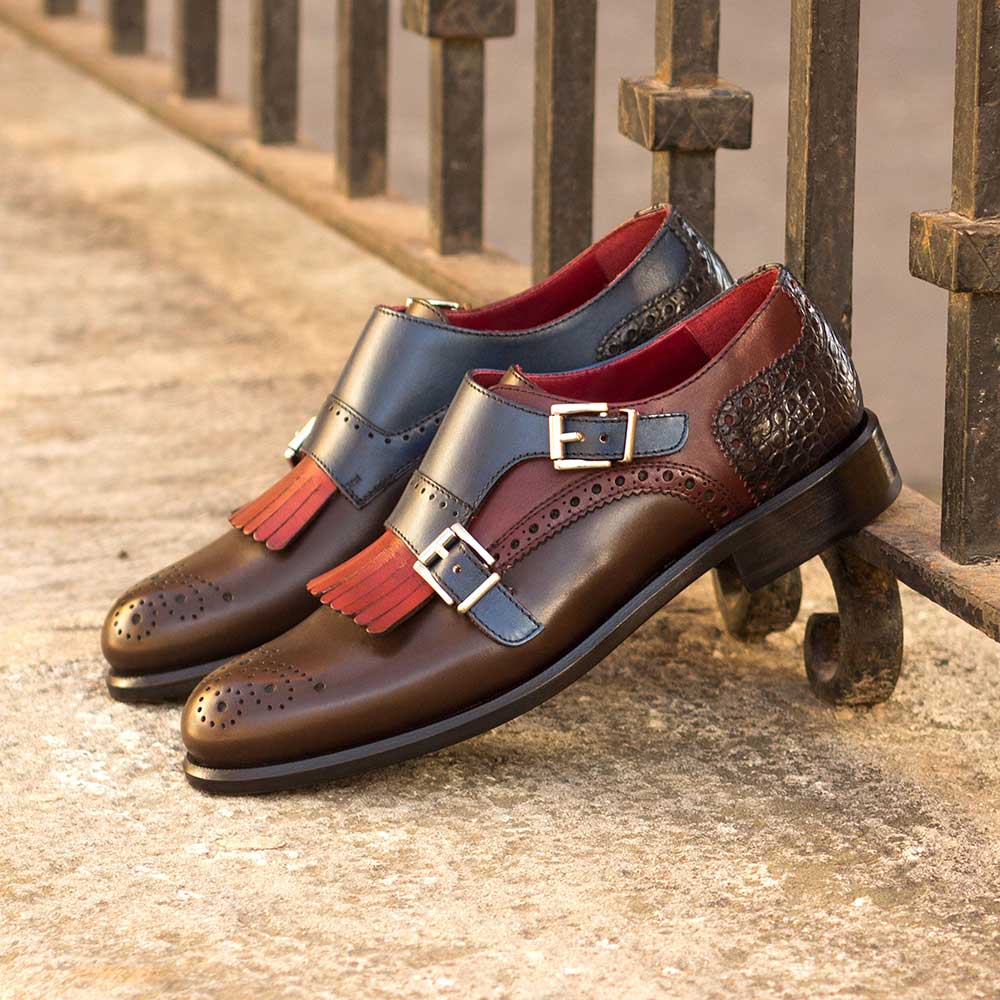 Brown Vegan Leather Round Toe Chunky Heel Fringe Buckle Pumps Nicepairs
