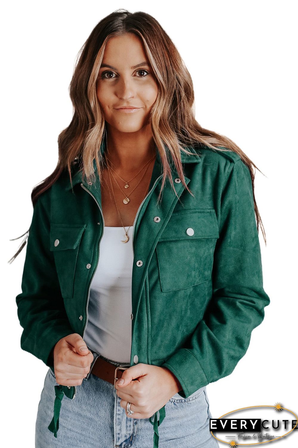 Green Faux Suede Button Down Cropped Jacket