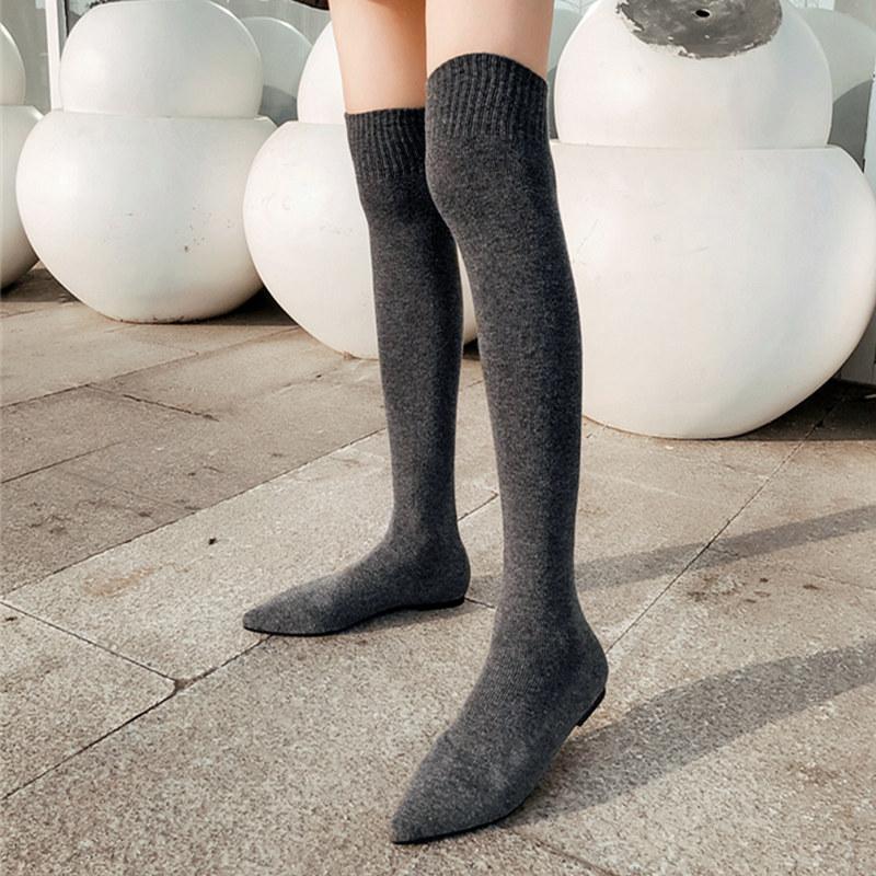 GOOSHOE Elastic Over Knee Flat Bottomed Pointed Knitted Boots