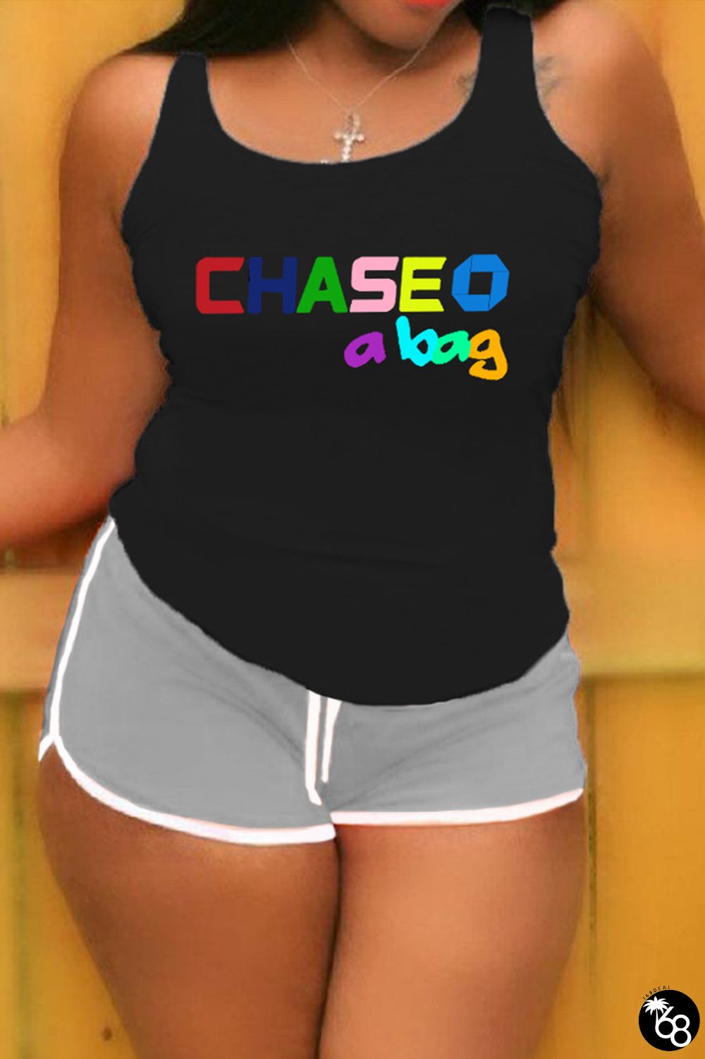 Black Gray Casual Print Patchwork Letter O Neck Plus Size Two Pieces | 168DEAL