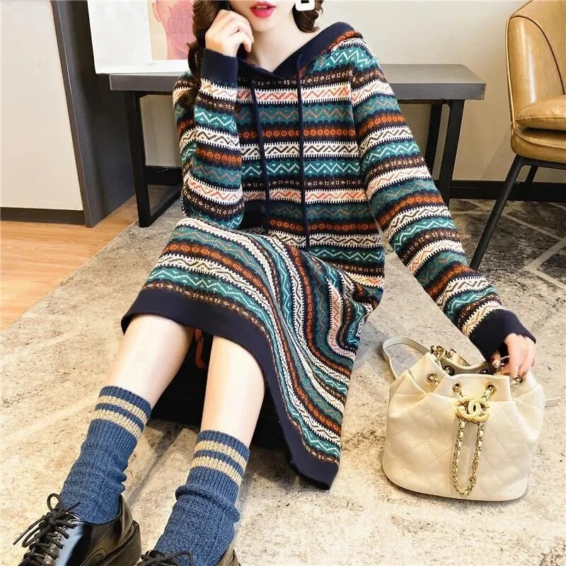 Striped knitted dress women's 2021 autumn and winter new retro loose casual mid-length hooded sweater dress women
