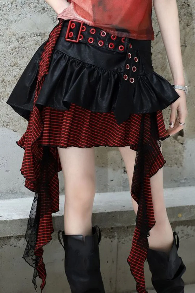 Gothic Red Casual Ruffle Patchwork Striped Grommet Buckle Irregular Skirt