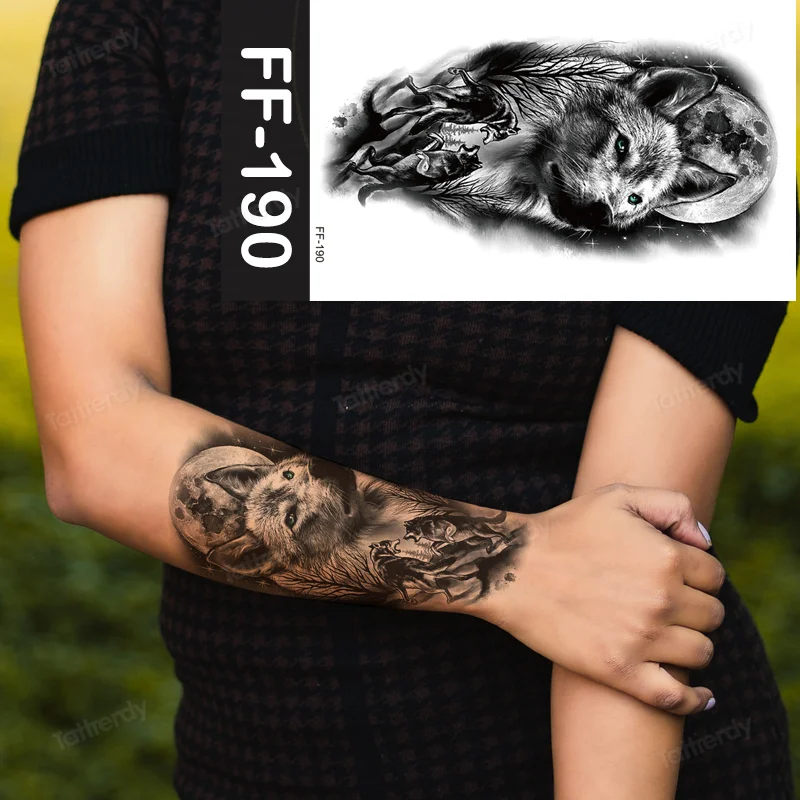 Sdrawing Animal Temporary Tattoo Sticker Black Lion King Wolf Tiger Men Body Art Painting Tattoo Fake Water Transfer Sexy Women