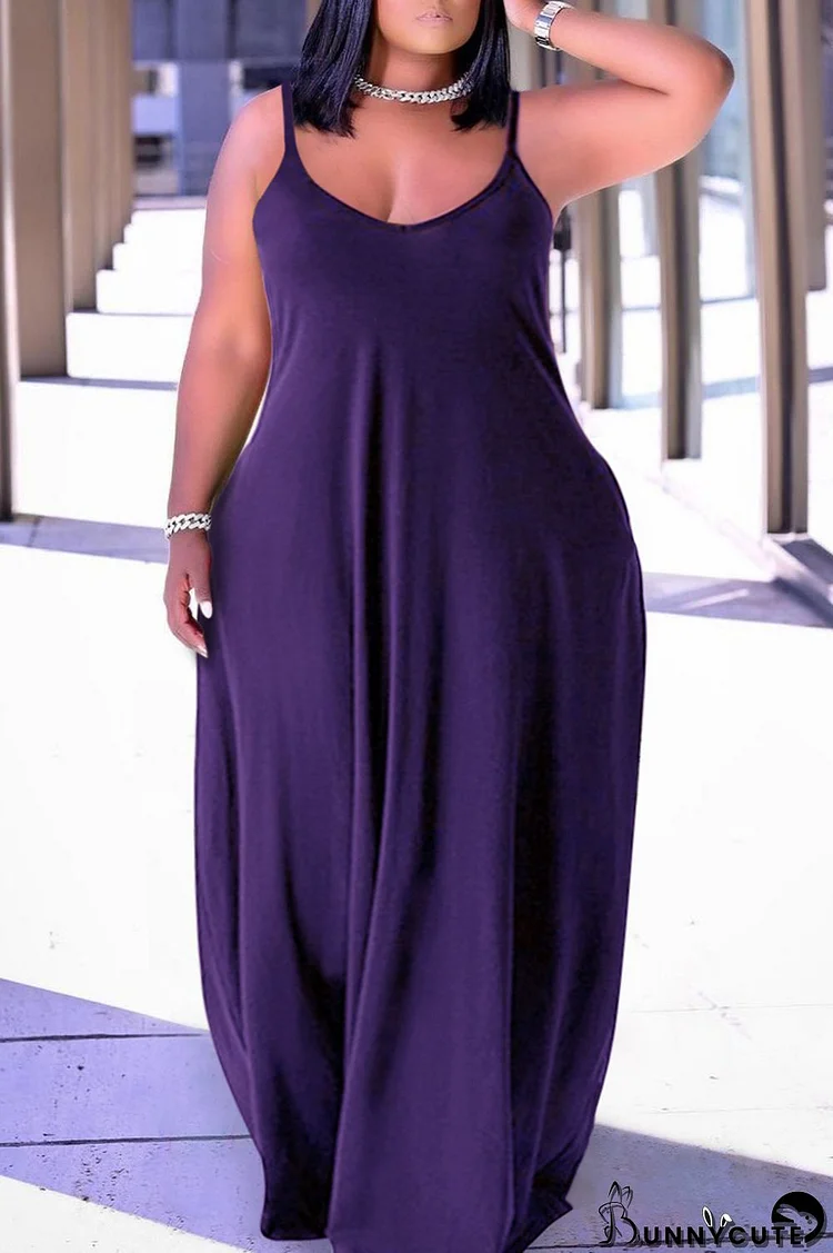 Purple Sexy Casual Plus Size Solid Backless Spaghetti Strap Long Dress