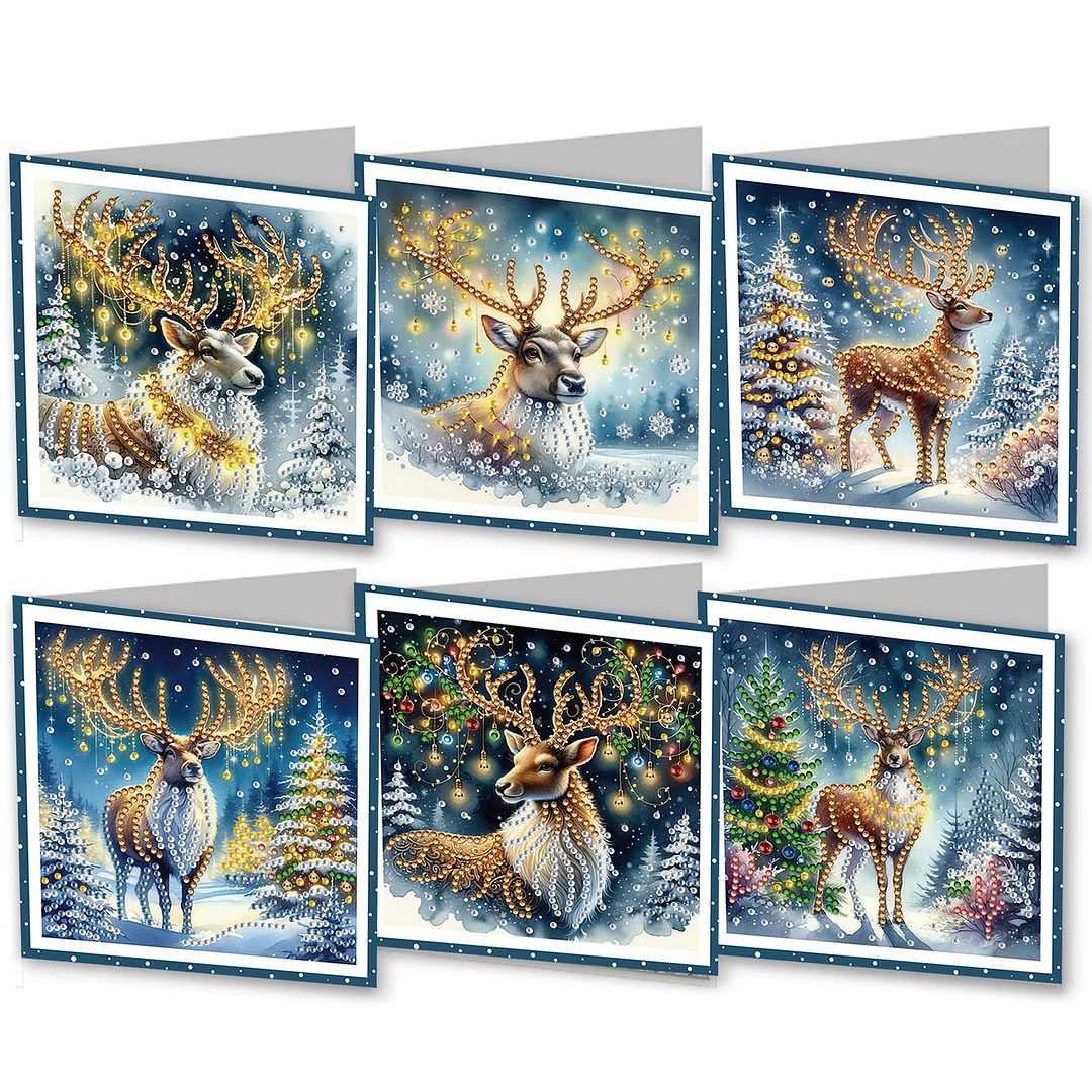 6Pcs Christmas Elk DIY Diamond Painting Card for Friends Family Gift