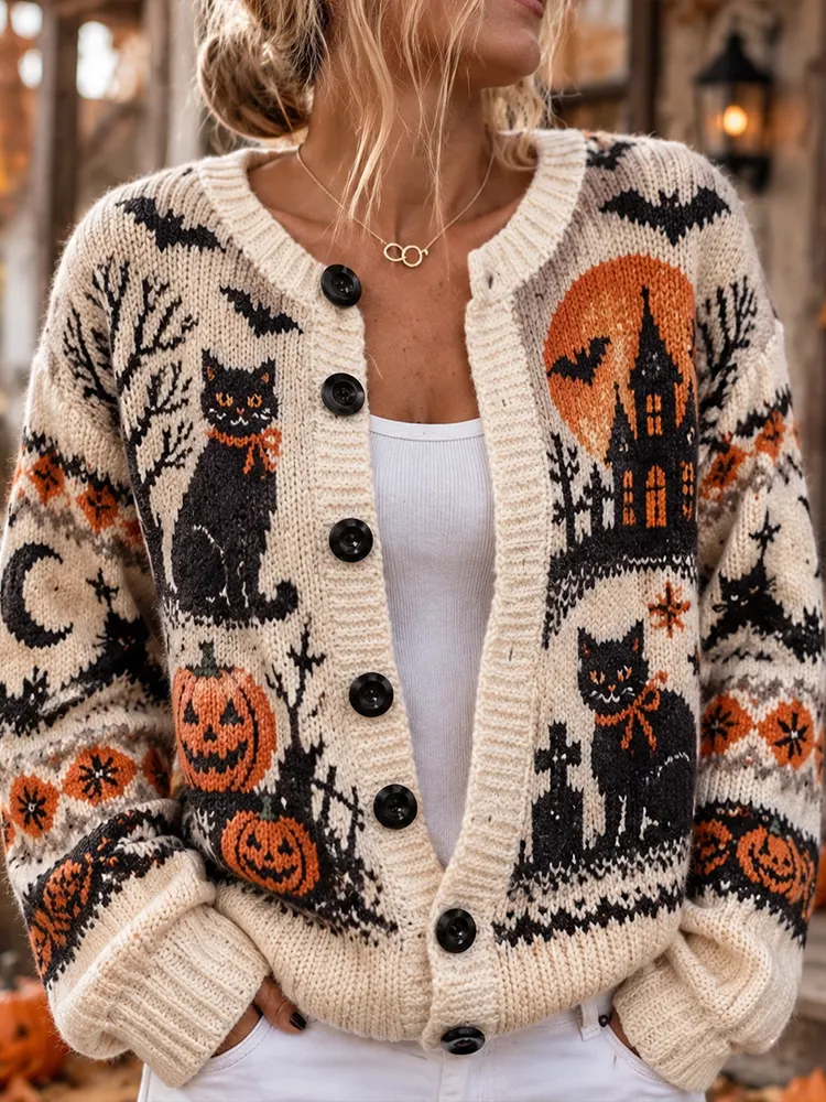 Comstylish Women's Halloween Vintage Castle Black Cat Cardigan