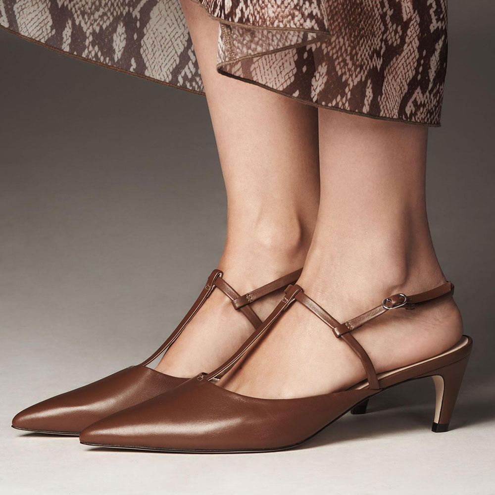 Brown Buckle T-Strap Pointed Toe Kitten Heel Slingback Shoes Nicepairs