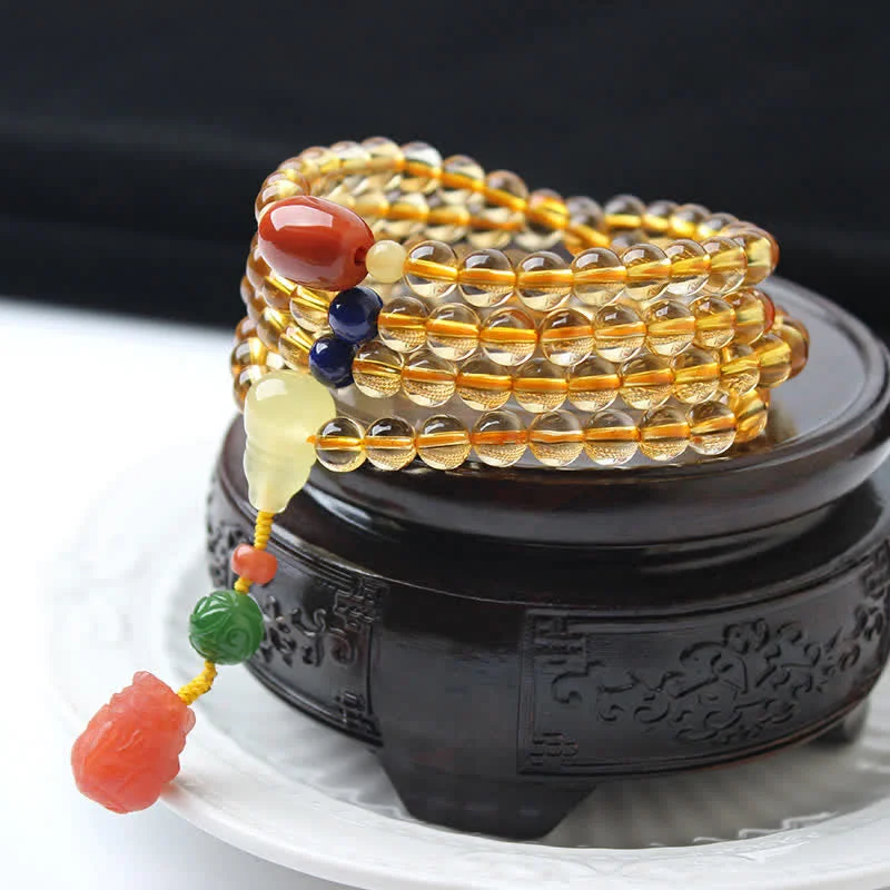 Natural Citrine Amber 108 Mala Beads Peace Buckle Red Agate PiXiu Protection Charm Bracelet