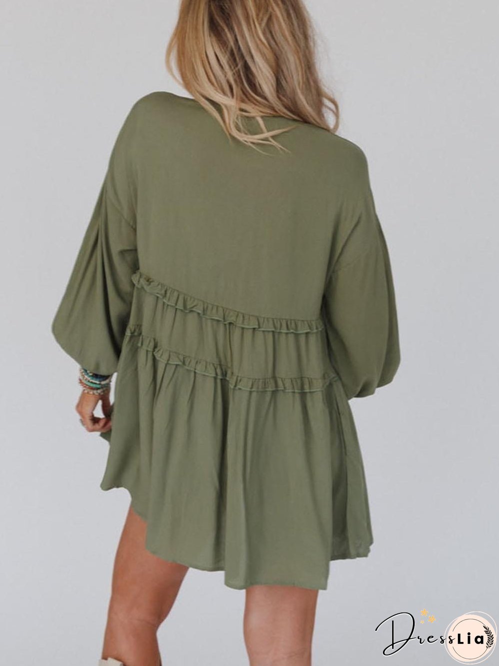 Enchanting Green Puff Sleeve Tiered Frill Mini Dress