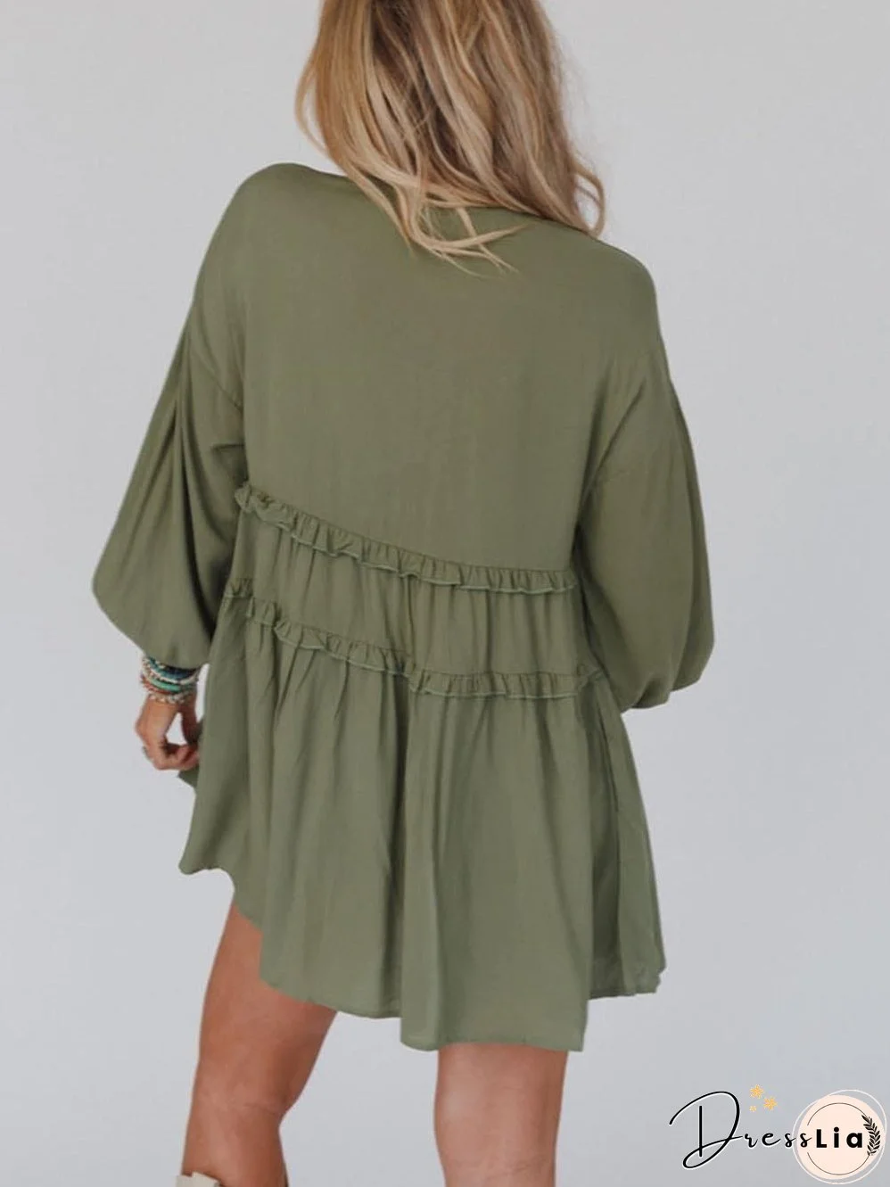 Enchanting Green Puff Sleeve Tiered Frill Mini Dress