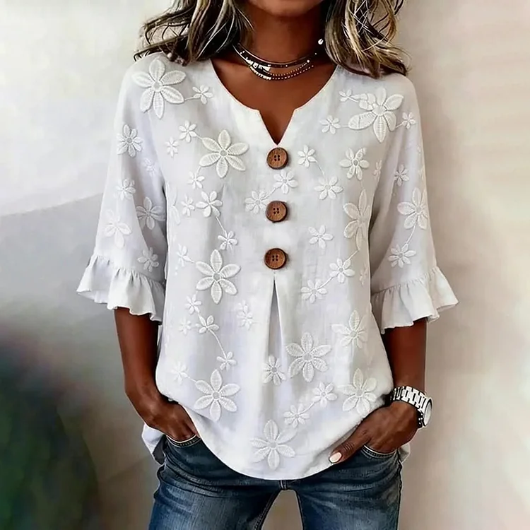 Elegant Sophisticated Floral Cuff Print Mid-sleeve Ruffle Shirt
