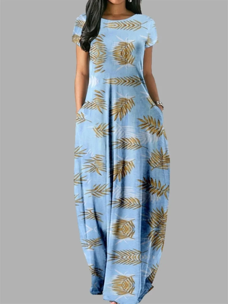 Women"s Short Sleeve Scoop Neck Floral Printed Maxi Dress