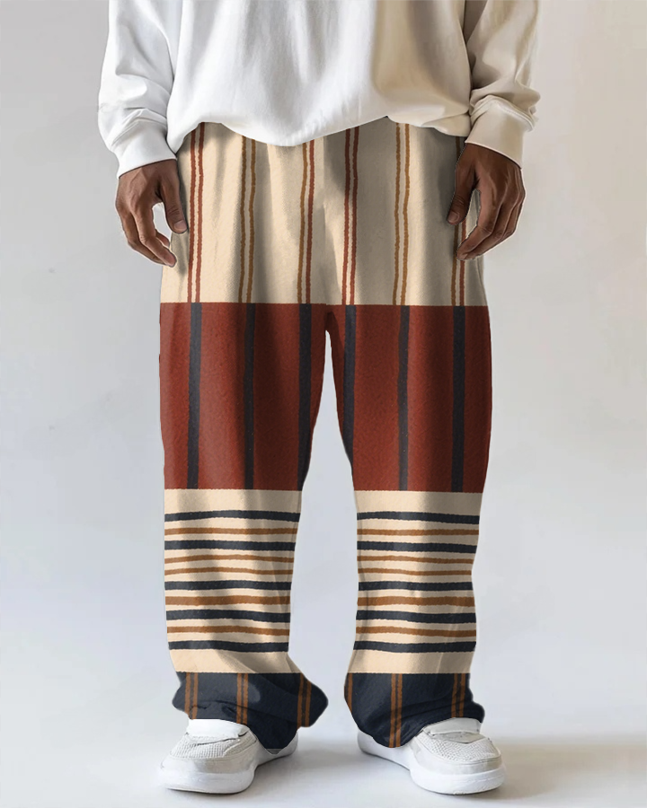 Men's Daily Casual Retro Splicing Stripes Printed Big and Tall Pants with Pockets