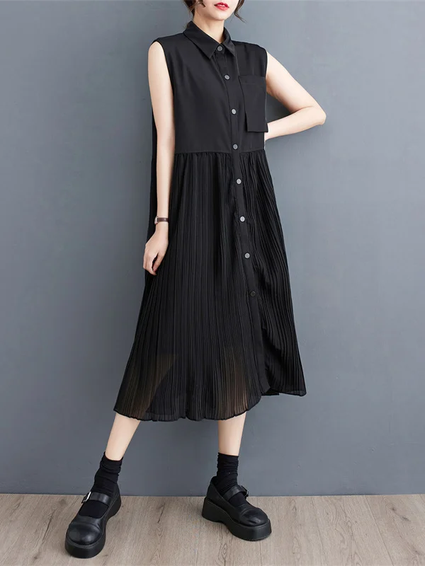 Sleeveless Pleated Solid Color Lapel Midi Dresses