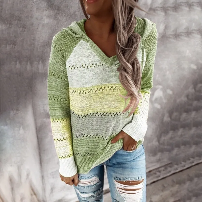 Autumn Women Patchwork Hooded Sweater Long Sleeve V-neck Knitted Sweater Casual Striped Pullover Jumpers 2020 New Female Hoodies