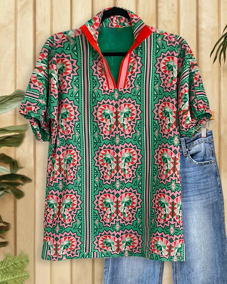 Geometric Print V Neck Stylish T-Shirt
