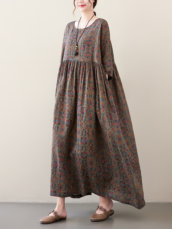 Vintage Print Crew-Neck Midi Dress
