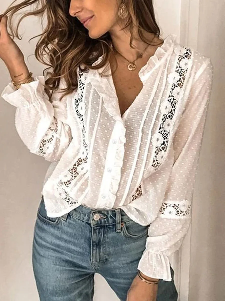 Cotton Lace Stitching Shirt Blouse