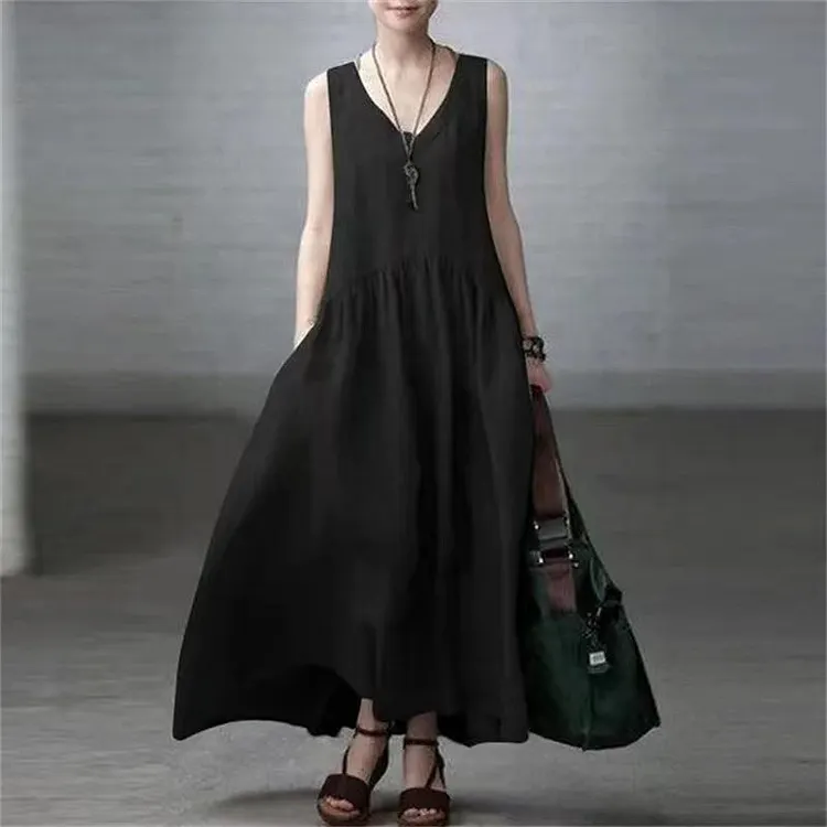 Black Simple and Loose V-neck Cotton and Linen Dress