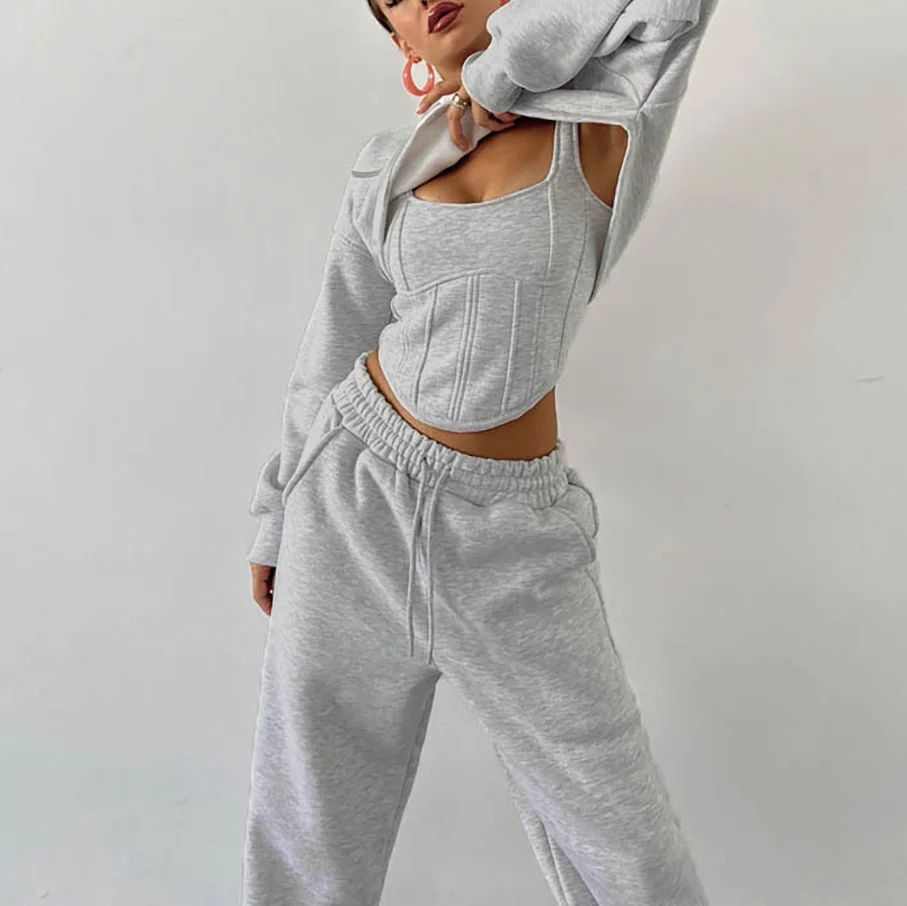 Drawstring Hooded Short Sweatshirt Drawstring Pants 3-Piece Set