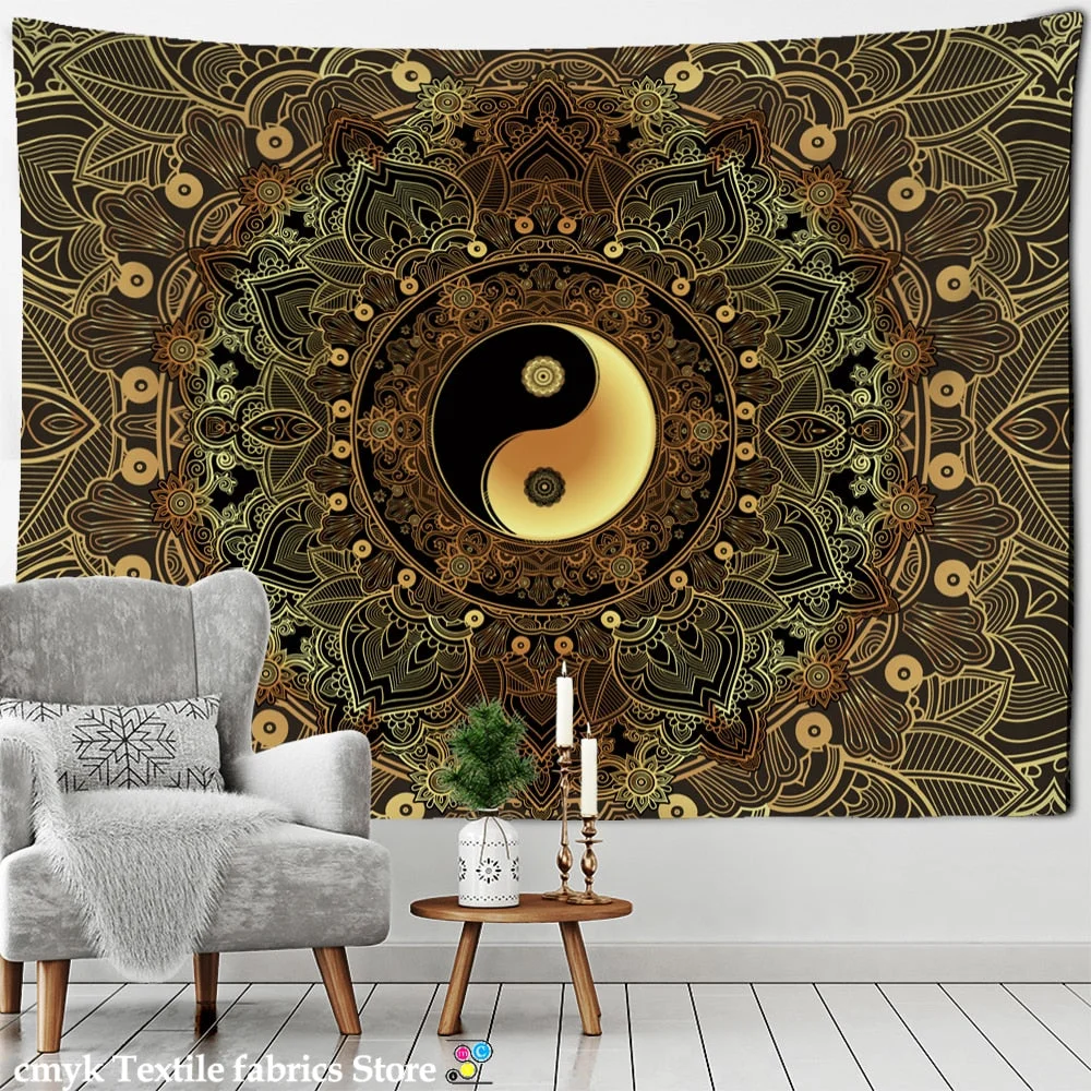 Mandala Pattern Tapestry Psychedelic Tai Chi Wall Hanging Dark Hippie Aesthetics Room Dormitory Living Home Decor