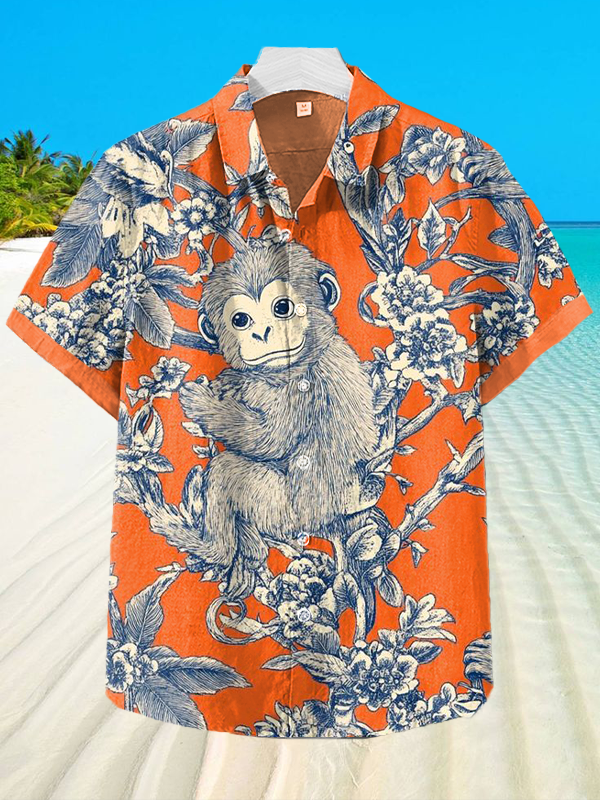 Men's Vintage Floral Hawaiian Monkey Art Print Short Sleeve Shirt