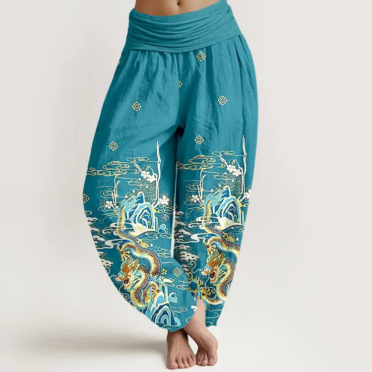 Cotton Dragon Cloud Wave Pattern Women's Elastic Waist Harem Pants