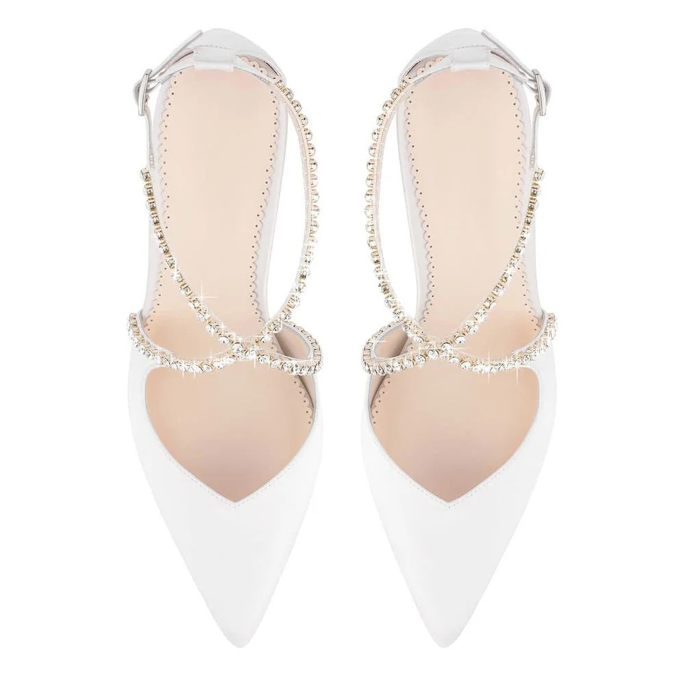 Elegant White Satin Pointed-Toe Cross Rhinestone Strap Wedding Heels
