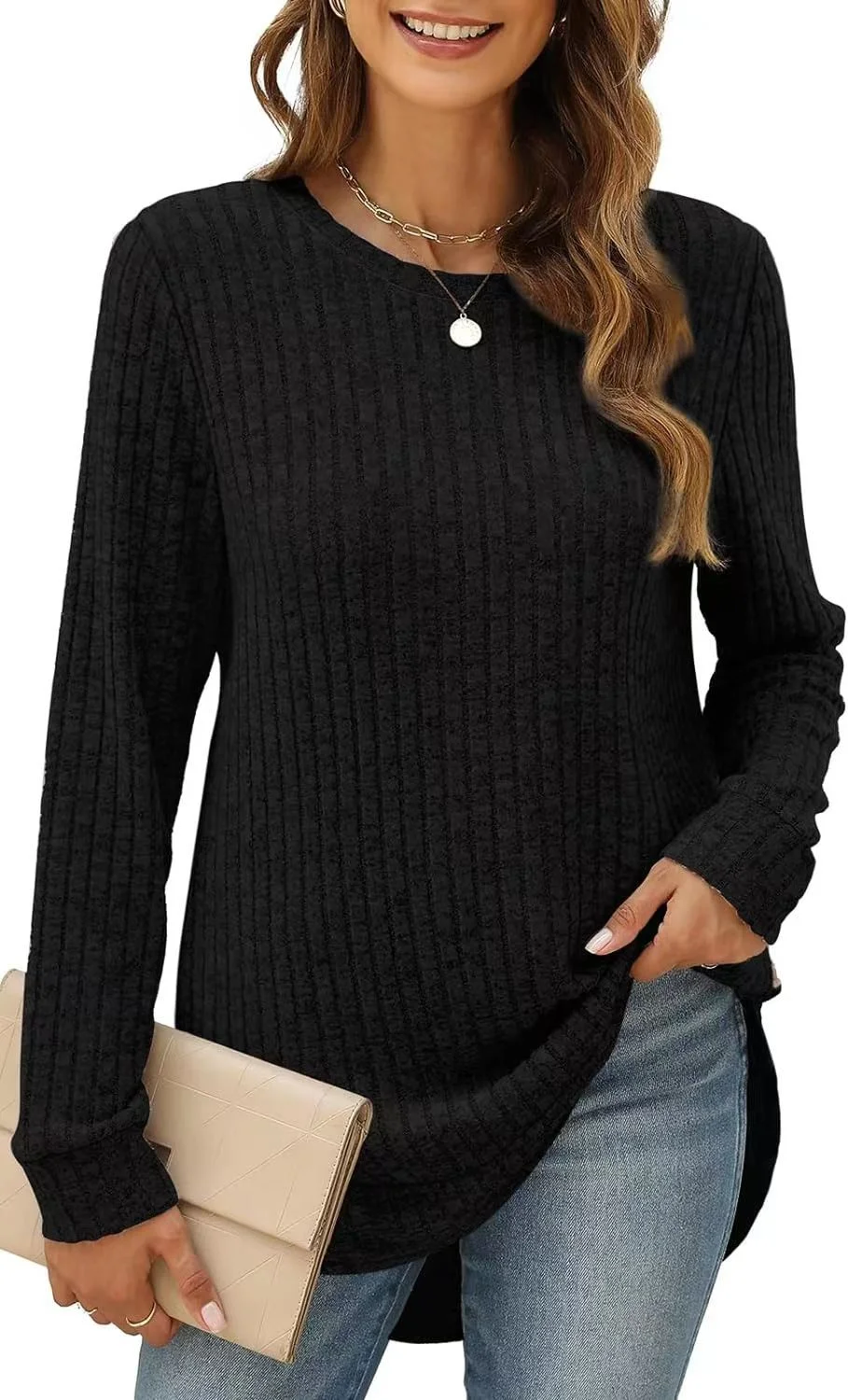Churchf Churchf And Winter 2024 New Square Collar Pit Strip Solid Color Long-Sleeved Loose T-Shirt Top