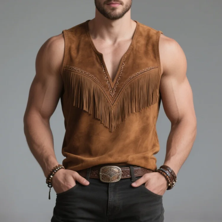 Okaywear V Neck Embroidery Fringe Suede Tank Top Okaywear