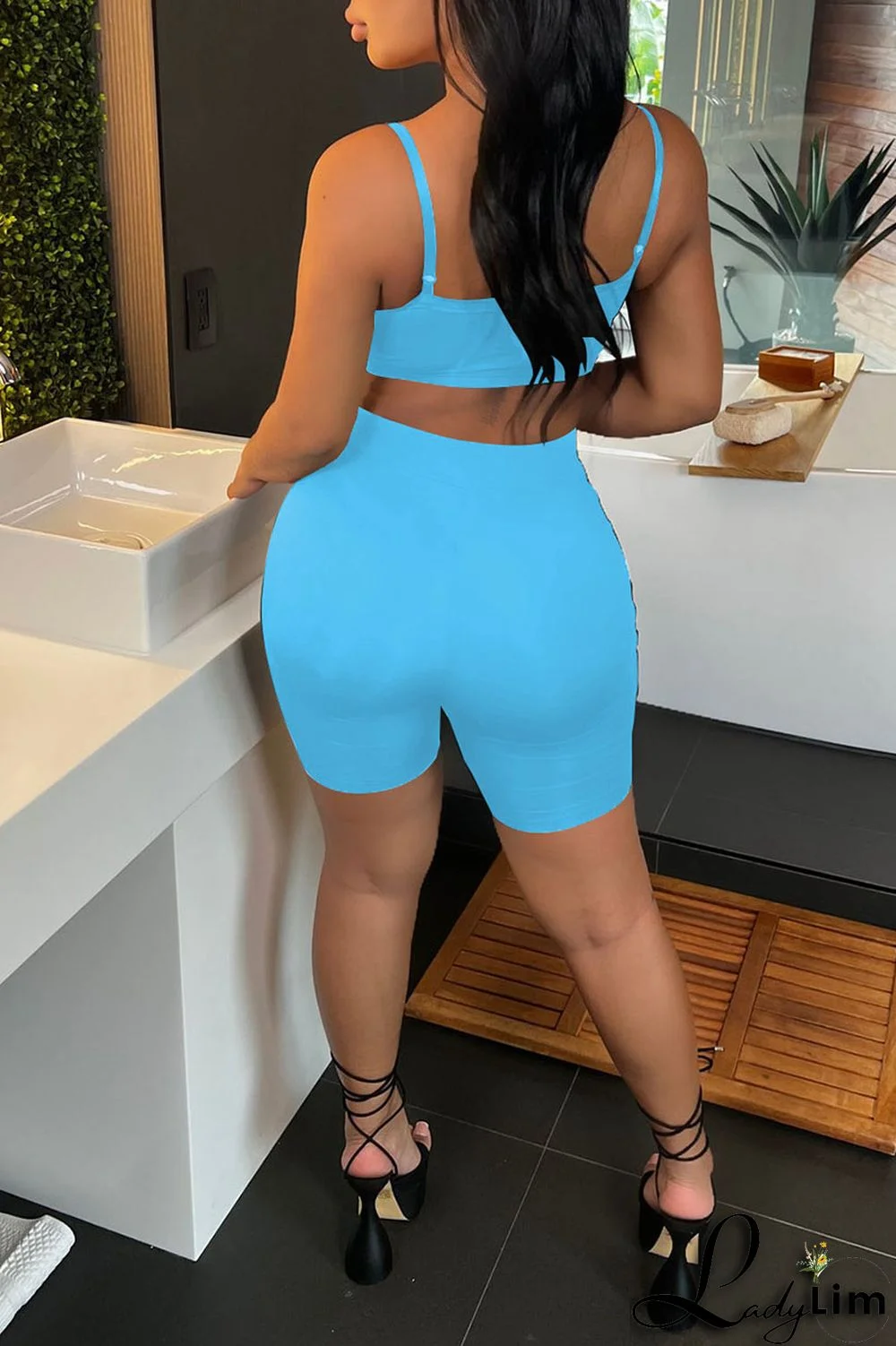 Blue Sexy Solid Split Joint Spaghetti Strap Sleeveless Two Pieces