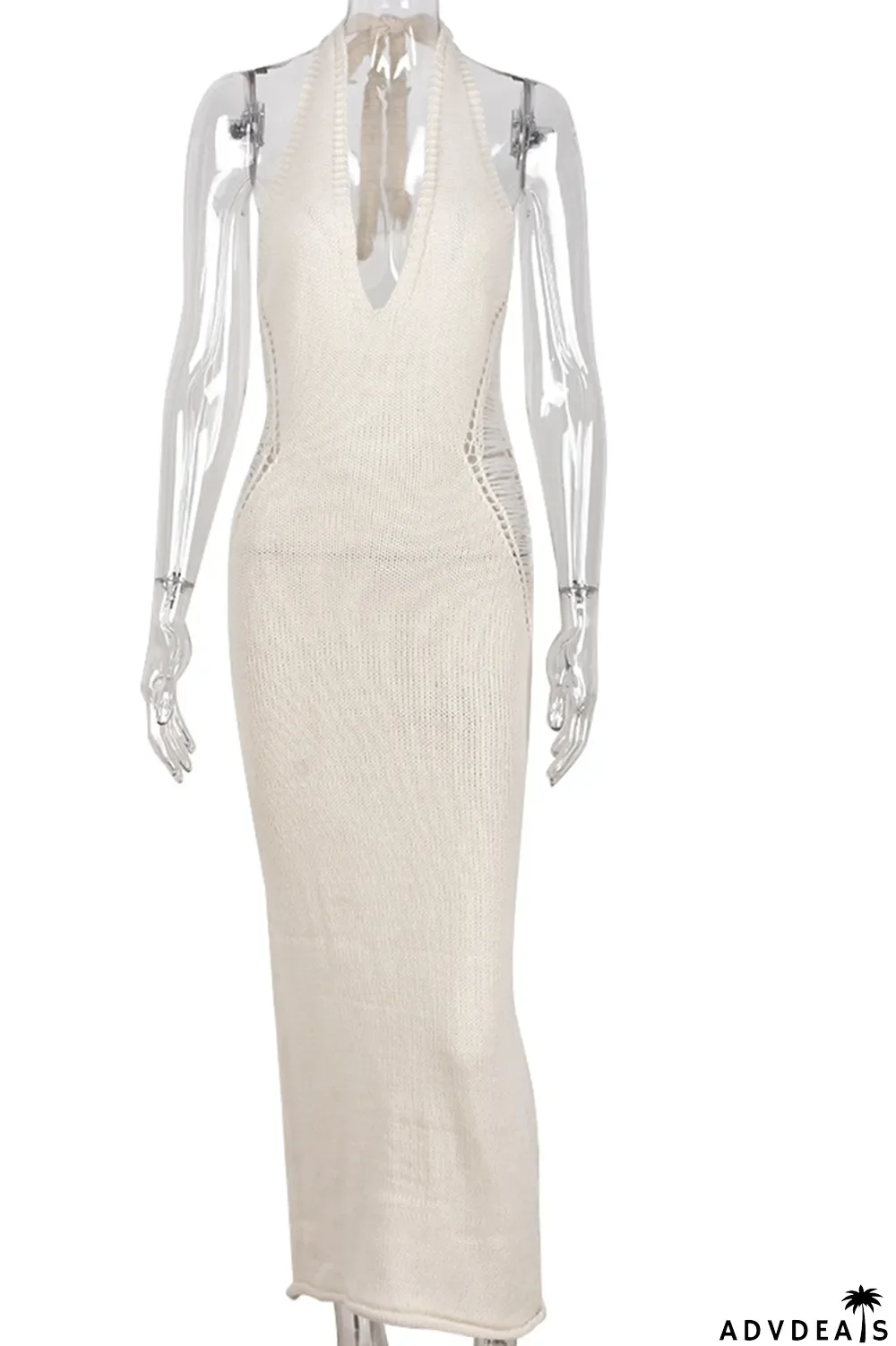 Apricot Sexy Solid Ripped Halter Pencil Skirt Dresses