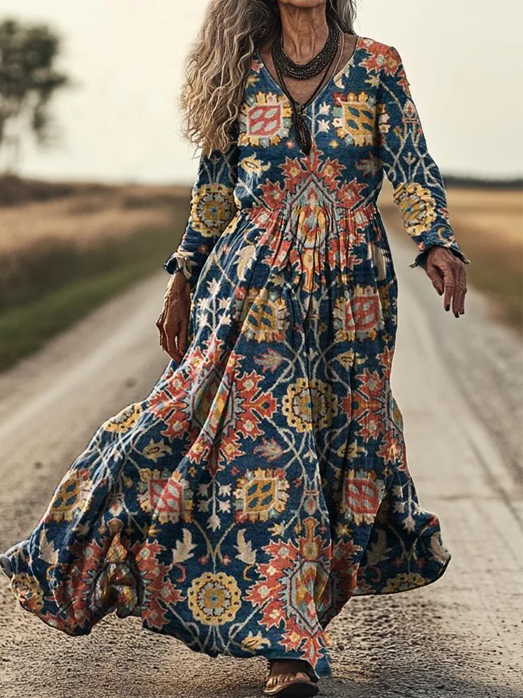 Women's Boho Ethnic Floral Art Pattern Print Pocket Cotton Dress