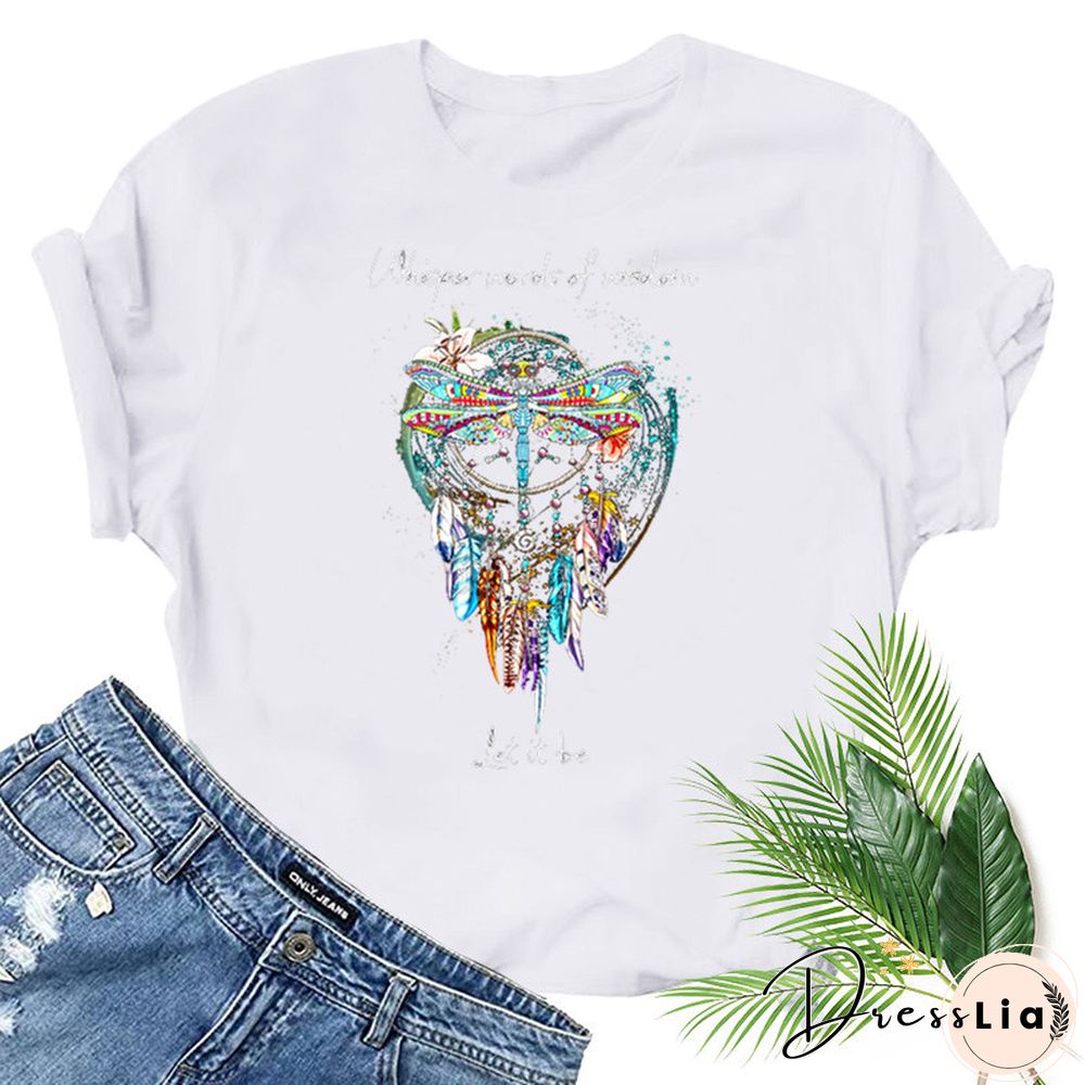 Dragonfly Windchimes Print Women T Shirt Short Sleeve O Neck Loose Women Tshirt Ladies Fashion Tee Shirt Tops Clothes Mujer