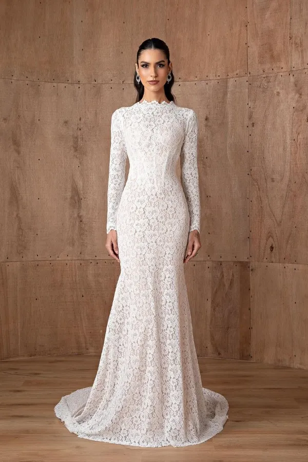  Elegant Long Sleeves Mermaid Wedding Dress With Embroidery Applique | White Lace ZT0216